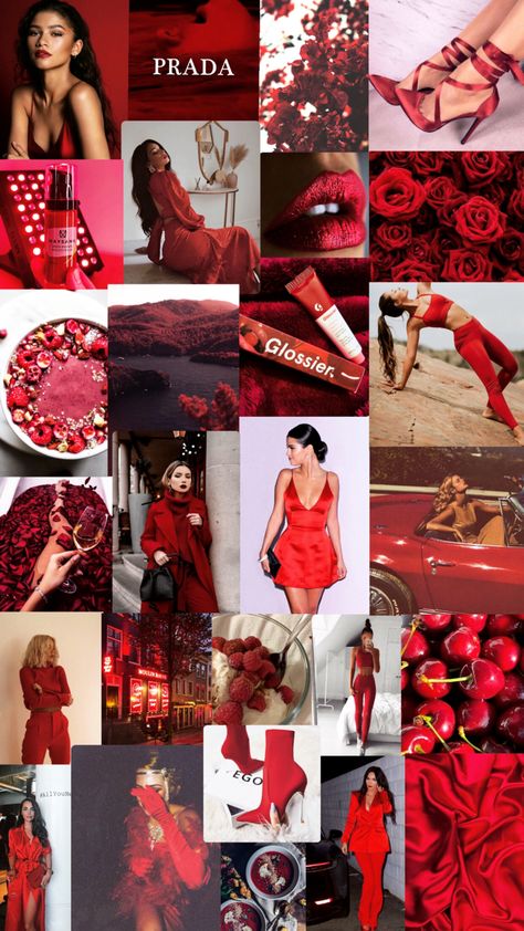 Red Fashion Aesthetic Wallpaper, Red Outfit Collage, Red Fitness Aesthetic, Red Vision Board Aesthetic, Red Mood Board Aesthetic, Red Colour Board, Red Girly Aesthetic, Red Aesthetic Fashion, Red Fashion Aesthetic