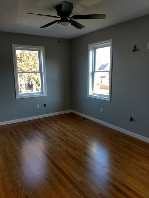 Bedroom with Light french grey walls and natural oak floors Grey Wall Dark Wood Floor, Light Grey Walls Dark Wood Floors, Grey Paint With Dark Wood Floor, Light Grey Walls Brown Floor, Dark Brown Floors Grey Walls, Natural Oak Floors, Light French Grey, Dark Gray Walls, Natural Oak Flooring