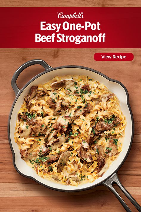 Classic favorite, easy clean up! This Easy One-Pot Beef Stroganoff is a modern and simplified twist on a classic Beef Stroganoff.  In this quick 25-minute version, the beef and noodles cook together in Condensed Cream of Mushroom Soup, so only one skillet is needed. What you still get is that creamy, savory and comforting taste that has made Beef Stroganoff a favorite dinnertime staple that the whole family can gather around and enjoy. Cream Of Mushroom Soup Beef Stroganoff, Campbells Beef Stroganoff Recipe, Lipton Onion Soup Mix Beef Stroganoff, Stroganoff With Cream Of Mushroom Soup, Campbells Cream Of Mushroom Soup Recipes Beef Stroganoff, Stroganoff Recipe Easy Mushroom Soup, Stovetop Beef Stroganoff, Campbells Stroganoff Recipe, Stroganoff Cream Of Mushroom Soup