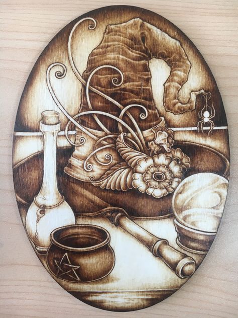 Pyrography on 5x7” birch ply plaque, Optima 1 pyrography pen. Pyrography Wall Art, Witchy Pyrography, Witchy Wood Burning Ideas, Pyrography Ideas Inspiration, Pyrography Pen, Pyrography Ideas, Beginner Wood Burning, Pyrography Designs, Bedknobs And Broomsticks