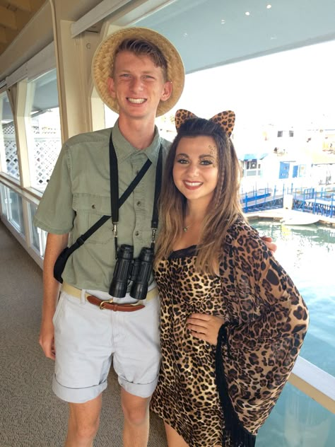 Cheetah and safari tourist Halloween costume Hunter And Cheetah Costume, Cheetah And Safari Couple Costume, Animal Couples Costume, Tiger And Zoo Keeper Costume, Zookeeper And Animal Costume, Cheetah And Hunter Couple Costume, Safari And Animal Couple Costume, Tourist Halloween Costume Couple, Leopard And Safari Guide Costume