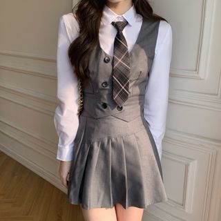 Buy Dute Plain Shirt / Double-Breasted Vest / Pleated Mini Skirt / Plaid Tie at YesStyle.com! Quality products at remarkable prices. FREE Worldwide Shipping available! School Uniform Fashion, School Uniform Outfits, High Waisted Pleated Skirt, Shirt Vest, Plain Shirt, Pleated Mini Dress, Uniform Fashion, Looks Chic, Kpop Fashion Outfits