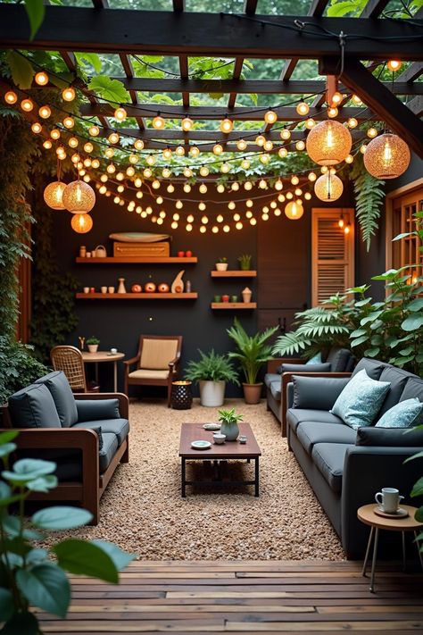 Cozy Backyard Ideas, Mountain Cottage, Cozy Backyard, The Chaos, Backyard Ideas, Outdoor Seating, Seating Area, String Lights, Everyday Life