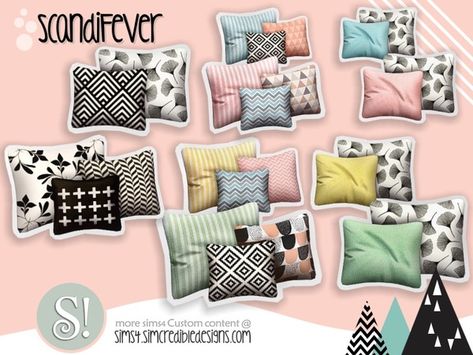 SIMcredible!'s ScandiFever Cushions Sims 4 Pillows Cc, Living Room Sims 4, Sims 4 Cc Furniture Living Rooms, Sims 4 Beds, 4 Pillows, Sims Baby, Sims 4 Tsr, Mod Furniture, Die Sims 4