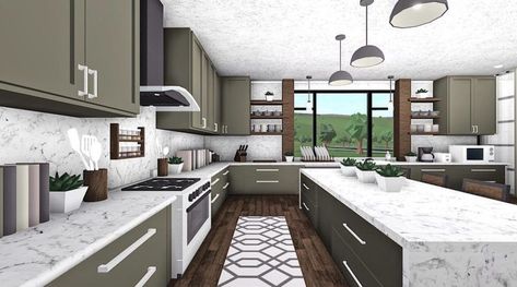 bloxburg small house layouts Bloxburg Kitchen Layout, Small Kitchen Layout Ideas, Big Kitchen Ideas, Small Kitchen Layout, Kitchen Color Schemes, Bloxburg Kitchen Ideas, Concrete Kitchen Island, Bloxburg Town, Bloxburg Hacks