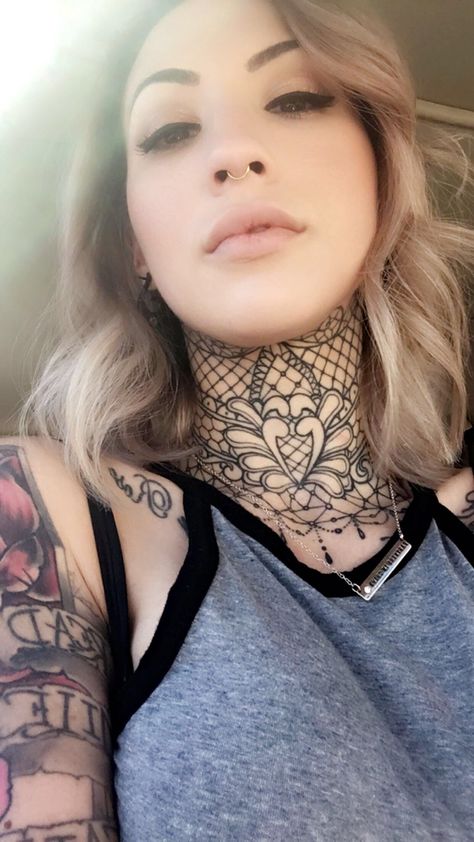 Tattoo neck piece by Sara Savage @ladylinework Under Neck Tattoos Women, Womens Under Chin Tattoo, Pretty Throat Tattoos Women, Mandela Neck Tattoo, Lace Neck Tattoo, Choker Neck Tattoo, Women Chest Neck Tattoo, Female Front Neck Tattoo Ideas, Lace Throat Tattoo