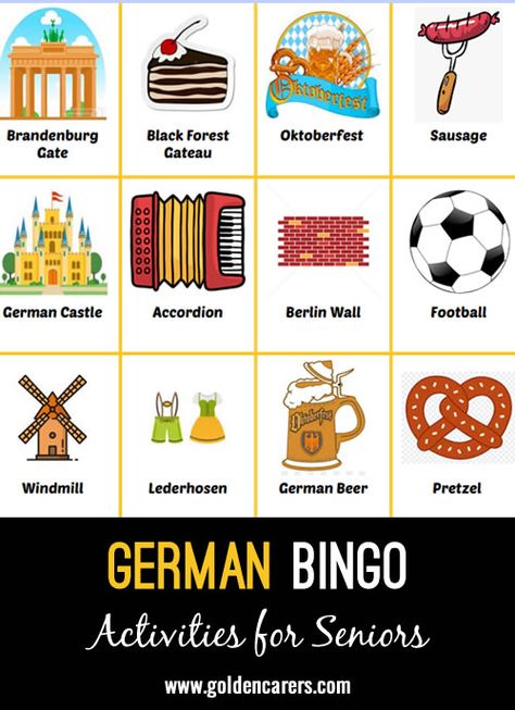 German Bingo: German themed Bingo perfect for German Armchair Travel or Oktoberfest celebrations! Bingo Template, Armchair Travel, Family Reunions, 12th Birthday, Bingo Games, Free Activities, Themed Crafts, Word Games, Activity Games