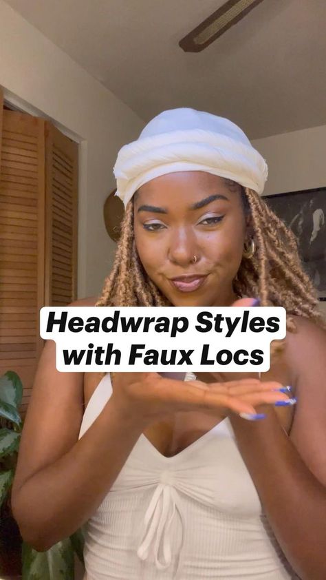 Head Wrap Styles With Soft Locs, Scarf With Faux Locs, Turban Style Black Women Outfit, Head Scarf Styles Faux Locs, Head Wrap With Faux Locs, How To Tie A Head Scarf With Locs, Braid Head Wrap Styles, Cute Head Wraps Style With Braids, Protective Hair Styles Over Locs