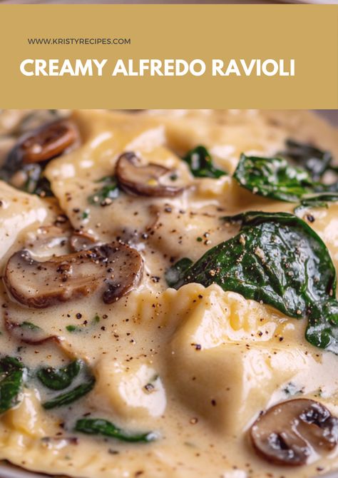 Easy Spinach & Mushroom Alfredo Ravioli – A quick and comforting dinner ready in under 30 minutes! Perfect for busy weeknights. ⏱🍴 #QuickDinner #RavioliRecipe Sauces For Spinach And Cheese Ravioli, Spinach And Cheese Ravioli With Chicken, Creamy Mushroom Ravioli Sauce, Mushroom Ravioli With Chicken, Frozen Mushroom Ravioli Recipes, Chicken Alfredo Ravioli Lasagna, Ravioli In White Sauce, Veggie Ravioli Recipe, Spinach Alfredo Pasta Recipes