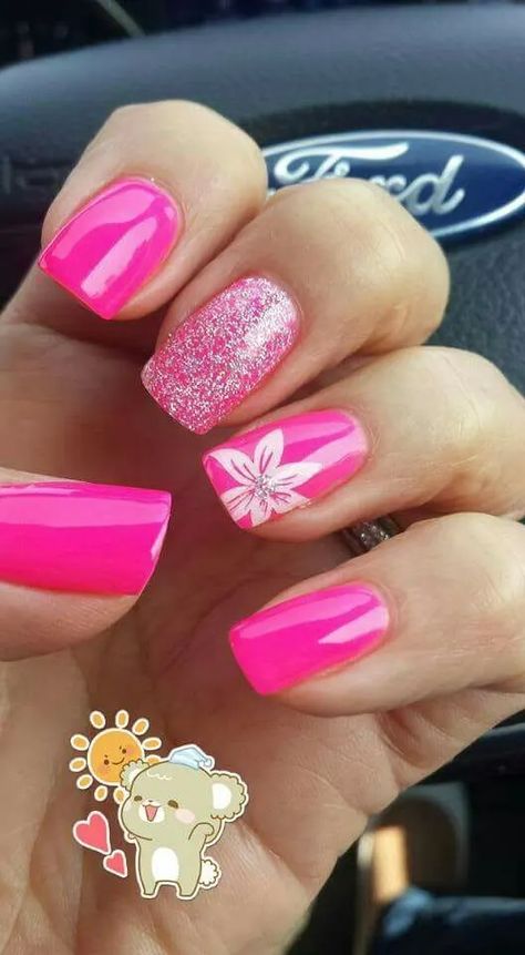 Pink Vacation Nails Acrylic, Nail Designs With Pink Polish, Gel Nail Ideas For Vacation, Gel Nails Flowers Design, Flowers On Pink Nails, Bright Pink Nail Designs Summer Colors, Dip Nail Ideas Vacation, Nails Acrylic Bright Pink, Fun Summer Nails Bright Pink