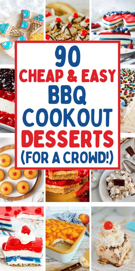 Easy cheap cookout desserts! These summer barbecue desserts make the best backyard cookout desserts for a crowd. BBQ desserts for a crowd easy, cookout desserts for a crowd easy, summer desserts for bbq party, desserts for outdoor summer party, easy desserts for bbq party, summer cookout dessert recipes, ideas for desserts for bbq party, bbq food ideas for a crowd, make ahead desserts for a crowd, cold desserts summer, summer sweet treats dessert recipes, summer picnic food ideas desserts. Easy Cookout Desserts, Cookout Desserts For A Crowd, Summer Cookout Desserts, Easy Cookout Food, Bbq Deserts, Summer Picnic Desserts, Summer Bbq Desserts, Summer Sweet Treats, Summer Dessert Ideas