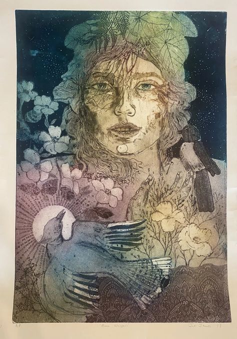 Collagraphy, Portraiture Artist, Faces Portrait, Ocean At Night, Watercolor Sketching, Art Printmaking, Designer Wall, Two Birds, Delicate Beauty