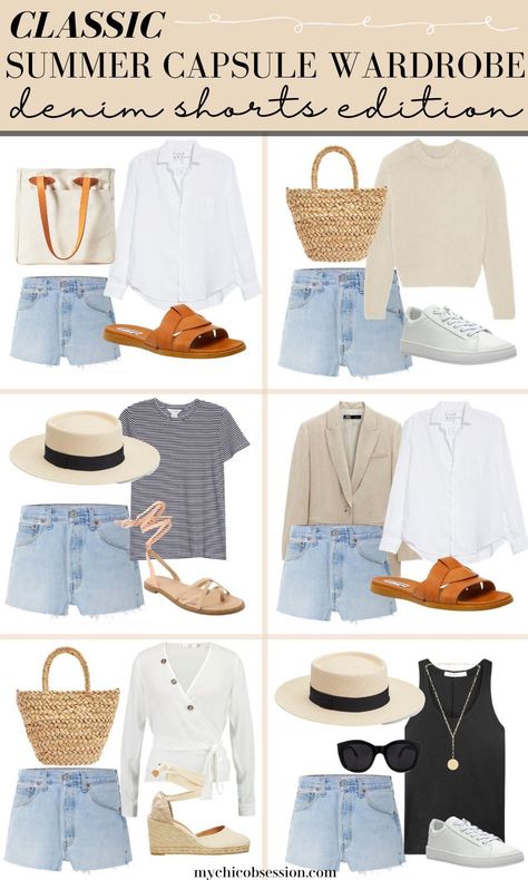 Think about it: a wardrobe made up of high-quality, versatile pieces that make getting dressed in the summer heat a breeze. From grocery shopping to date night, this selection includes everything you'll need in a classic capsule wardrobe for summer. These timeless pieces will allow you to create dozens of different looks that will keep you stylish all summer long. #summercapsulewardrobe #summeroutfits #capsulewardrobe #summerstyle #denimshorts Timeless Capsule Wardrobe Summer, Timeless Summer Wardrobe, Timeless Casual Outfits Summer, Simple Summer Capsule Wardrobe, Summer Basics 2023, Classic Chic Outfits Summer, How To Dress 38 Year Old, Classic Fashion Style Summer, Minimalistic Vacation Outfits