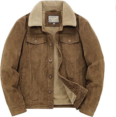 utcoco Men's Vintage Fleece Sherpa Lined Corduroy Denim Trucker Jackets Lapel Button Down Thickened Winter Coats (M, Khaki) at Amazon Men’s Clothing store Mens Jackets Casual, Corduroy Shorts, Winter Outfits Men, Mode Design, Velvet Jacket, Mens Winter Fashion, Trucker Jacket, Corduroy Jacket, Cowboy Hat