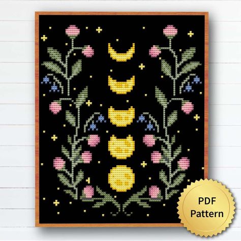 Moon Phases Cross Stitch Pattern | 4stitch.com - Cross Stitch Patterns 4Stitch.com Unique Cross Stitch, Small Cross Stitch, Cross Stitch Bookmarks, Cute Cross Stitch, Modern Cross Stitch Patterns, Crafty Craft, Modern Cross Stitch, Cross Stitch Art, Moon Phases