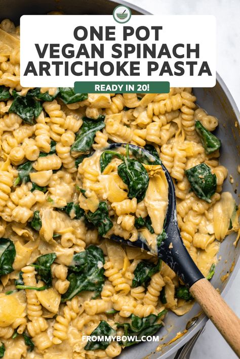 One Pot Dinners Dairy Free, Non Dairy Creamy Pasta, Dairy Free Artichoke Recipes, Vegan One Pot Pasta Recipes, Vegan Spinach Pasta Recipes, Vegan Artichoke Recipes, One Pot Vegan Pasta, One Pot Vegan Meals, Vegan Spinach Pasta