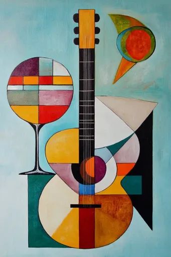 ↑↑↑ Larger size on website 🔸 The image is an abstract painting featuring a guitar, a wine glass, and geometric shapes. The guitar Abstract Geometric Painting, Geometric Painting, Light Blue Color, Shades Of Yellow, Geometric Shapes, Wine Glass, Abstract Painting, Geometric Pattern, Guitar