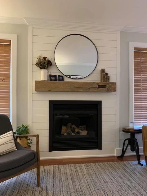 Shiplap Fireplace Flush With Wall, Propane Fireplace Makeover, Built In Propane Fireplace, White Shiplap Fireplace Wall, Propane Fireplace Ideas, Propane Fireplace Indoor, White Shiplap Fireplace, Neutral Fireplace, Fireplace Makeover Diy