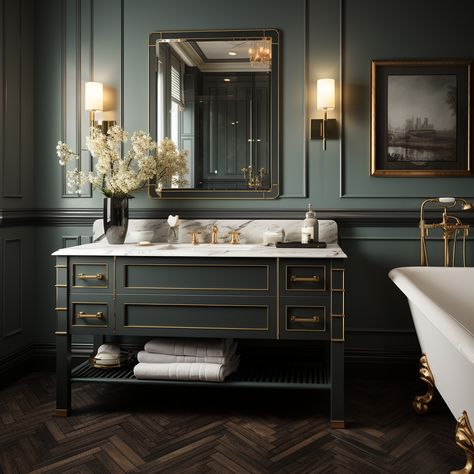 Green Moody Bathroom, Dark Green Bathroom Ideas, Green Small Bathrooms, Dark Green Bathroom, Bathroom Vanity And Sink, Dark Green Towels, Dark Green Tile, Green Bathroom Ideas, Art Deco Bathrooms