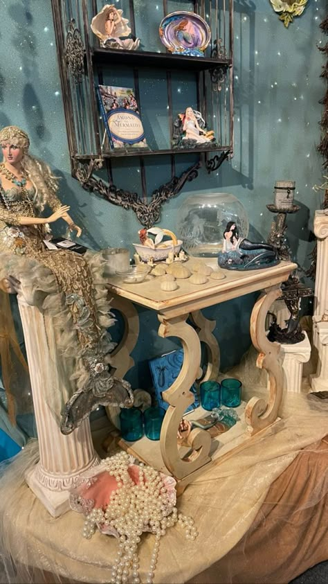 Sea Witch Alter, Mermaid Aesthetic Bathroom, Greek Goddess Room Aesthetic, Sea Witch Bedroom, Siren Room Aesthetic, Coastal Witch Aesthetic, Ocean Aesthetic Room Decor, Mermaid Alter, Ocean Altar