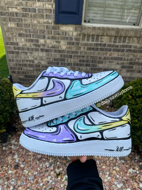 Hand Painted Custom Air Force 1 cartoon in a full size run. Contact for color blocking.  Products are made to order and price includes the shoe and custom work. Product is created using Acrylic Leather Paints specifically designed for these sneakers and is sealed with an acrylic finisher for a waterproof finish. Feel free to contact me for specific color wants and if rush ordering is needed! Happy Shopping. - These shoes are not recommended for daily wear if you are trying to uphold the complete look!  - These shoes are hand painted and sealed with an acrylic finisher so they paint is very sturdy BUT this DOES NOT mean the shoes are INDESTRUCTIBLE . Continuous daily use of these shoes can, over time, cause deep creasing and eventually may lead to cracking of the paint.  - Once again, these Cartoon Air Force 1, Nike Air Force 1 Outfit, Air Force One Shoes, Painted Shoes Diy, Custom Sneakers Diy, Custom Painted Shoes, Custom Shoes Diy, Diy Sneakers, Nike Shoes Air Force