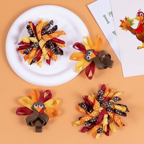 Thanksgiving Turkey Hair Bow Clips;thanksgiving korker hair bows Turkey Hair Bow, Turkey Bow, Thanksgiving Hair Bows, Thanksgiving Bow, Thanksgiving Hair, Hair Bow Clips, Cute Turkey, Bow Ideas, Hair Clips Diy