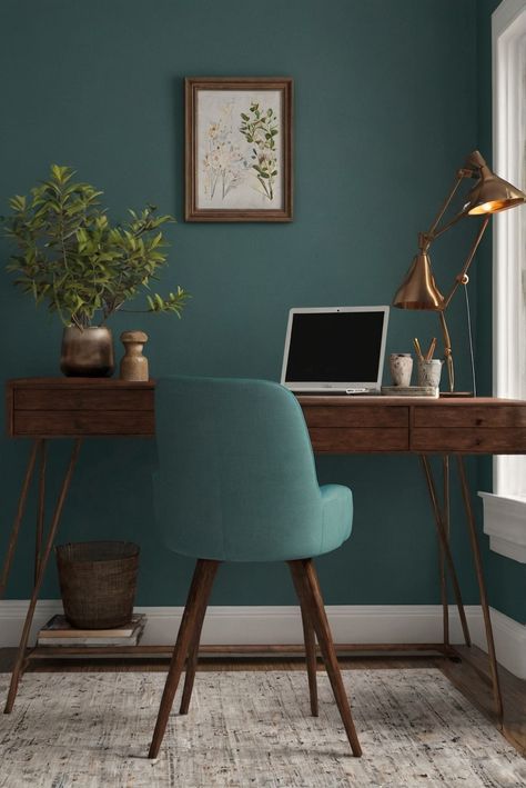 home decorating, home interior, interior bedroom design, kitchen designs Teal Study Home Office, Turquoise Office Ideas, Teal Study, Home Office Teal, Home Office Blue Walls, Office Decor Teal, Teal Home Office, Turquoise Office, Teal Desk Chair