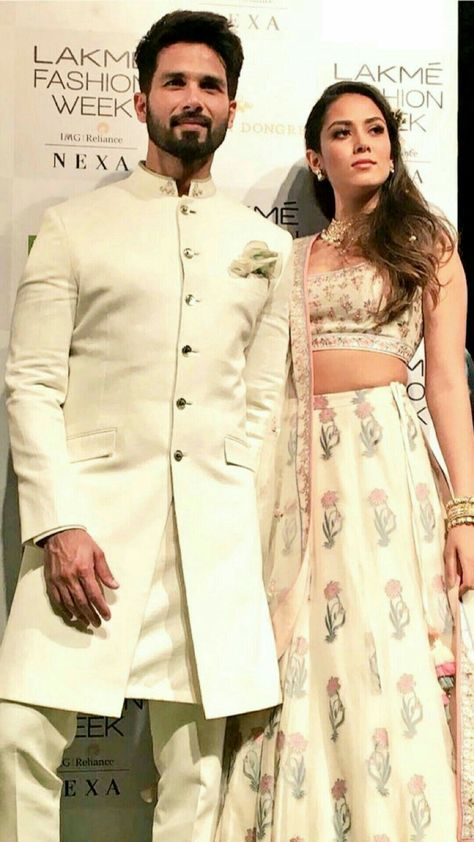 Shahid Kapoor with wife Mira Rajput in classical white sherwani  and floral lehenga.Get the outfit for Manufacturer rate call or WhatsApp at +91-9511613559 Western Dress Ideas, Frida Kahlo Illustration, Indo Western Outfits, Dresses For Wedding Party, Mens Indian Wear, Sherwani For Men Wedding, Wedding Kurta For Men, Groom Dress Men, Wedding Outfits For Groom