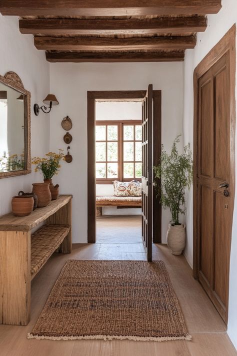 Combine Hacienda-style, modern Mexican and boho elements to create Mexican farmhouse decor using these quick tips and simple ideas to guide you. Spanish House Entryway, Modern Spanish Style Entryway, Mexican Colonial Decor, Hacienda Restroom, Small Spanish Bungalow Interior, Organic Spanish Decor, Hacienda Style Apartment Decor, Spanish Farmhouse Interior, Modern Mediterranean Entryway