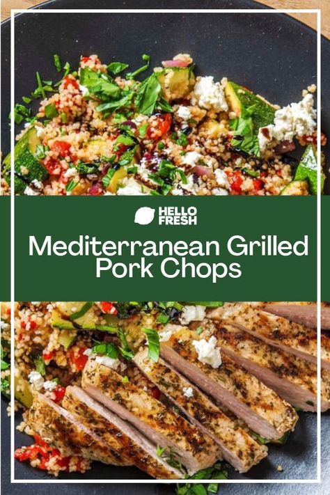 A simple grilled pork chop recipe infused with bright and summery flavours! Grilled zucchini, roasted red peppers, salty feta, and fragrant herbs will have your taste buds travelling to the Mediterranean. Top it all off with tender, grilled pork chops and balsamic glaze and you're in for a well-rounded and flavour-packed meal. Get cooking the full recipe now! Pork Chops Mediterranean Diet, Mediterranean Pork Recipes, Zucchini Roasted, Summer Grill, Pork Chop Recipe, Pork Chop Dinner, Weeknight Recipes, Fresh Meals, Easy Mediterranean Diet Recipes