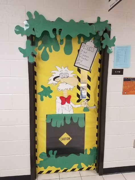 School door decoration for Science classroom Science Classroom Door Decorations, Science Classroom Door Decorations Middle School, Science Themed Classroom Doors, Stem Lab Door Decorations, Science Lab Door Decorations, Mad Scientist Door Decorations, Alien Classroom Door, Science Classroom Door, Science Door Decorations