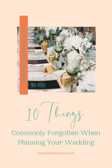 10 things commonly forgotten when planning a wedding I thought this maybe a useful list for brides planning their wedding; 10 things commonly forgotten when planning a wedding. Some of them may seem obvious but better to be prepared! With all the emotions and stress that often accompany the planning, some things do naturally get […] The post 10 Things Commonly Forgotten When Planning Your Wedding appeared first on Rewrite the Stars. Forgotten Wedding Details, Bridal Dressing Room, Rewrite The Stars, Diy Wedding Planning, Seating Sign, Master Of Ceremonies, Table Names, The Emotions, Planning A Wedding