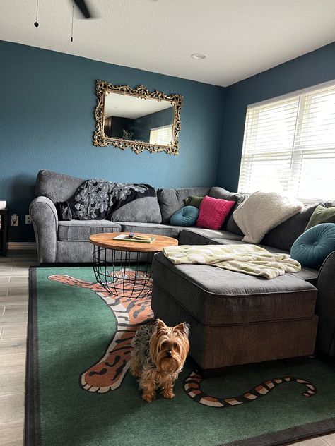 Gray Couch Maximalist, Tiger Rug Living Room, Sherwin Williams Bunglehouse Blue, Jonathan Adler Ruggable, Adler Ruggable, Bunglehouse Blue, Living Room Moody, Grey Flooring Living Room, Moody Maximalist