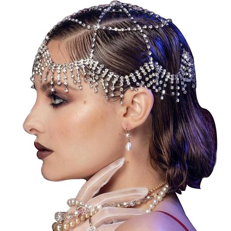 Gem Headpiece, Prom Costume Halloween, Mesh Headpiece, Head Chain Wedding, Burlesque Headpiece, Head Accessories Wedding, 1920s Hair Accessories, Head Chains, Edgy Hair Color