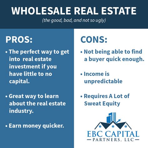 Pros and Cons wholesaling in Real Estate. EBC Capital Partners, LLC. Real Estate Wholesale, Wholesale Real Estate For Beginners, Real Estate Wholesaling, Wholesale Real Estate, Investing In Real Estate, Estate Planning, Pros And Cons, Real Estate Investing, Of Course