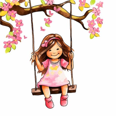 Vector little girl swinging in a tree wa... | Premium Vector #Freepik #vector #swing Painting For Baby Girl, Swing Illustration, Swing Drawing, Grinch Crafts, Feet Drawing, Africa Art Design, Girl Swinging, Tree Watercolor Painting, Tree Watercolor