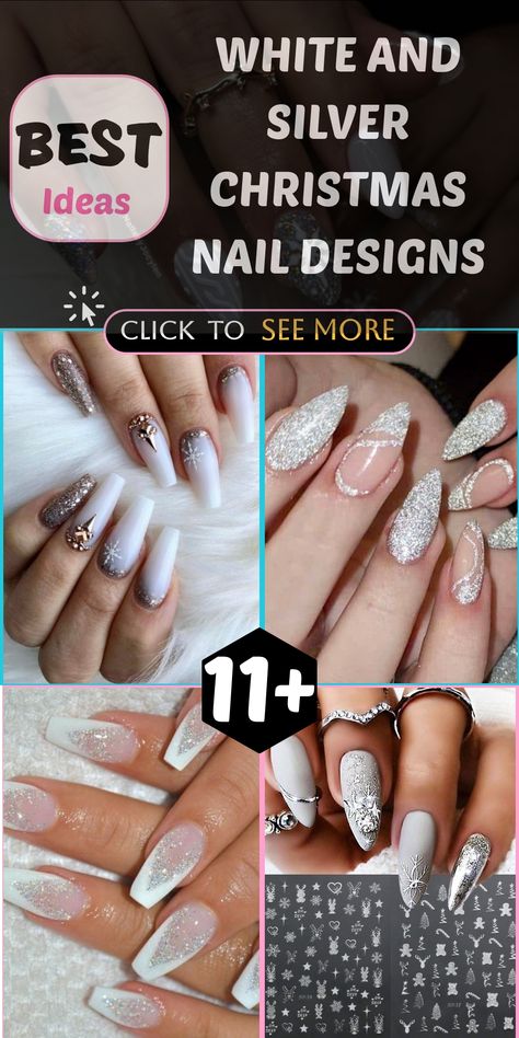 Enhance your festive style with stunning white and silver Christmas nail designs! Explore a variety of glamorous options, including shimmering snowflakes and elegant metallic accents, to elevate your holiday look. Make a statement at every gathering with nails that exude sophistication and sparkle like a winter wonderland. Discover the perfect manicure to complement your seasonal ensemble and stand out this holiday season! Silver Christmas Nail Designs, White Holiday Nails, White And Silver Christmas, Festive Manicure, Christmas Nail Stickers, Elegant Snowflake, Snowflake Nail Art, Christmas Nail Ideas, Perfect Manicure