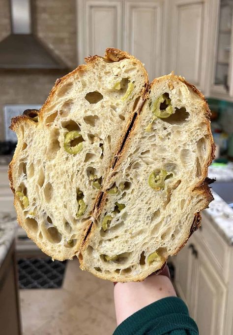 Roasted Garlic + Olive Sourdough Loaf Green Olive Bread, Olive Loaf, Fermented Bread, Parmesan Bread, Sourdough Loaf, Olive Bread, Homemade Bread Easy, Sourdough Starter Recipe, Cooking Bread