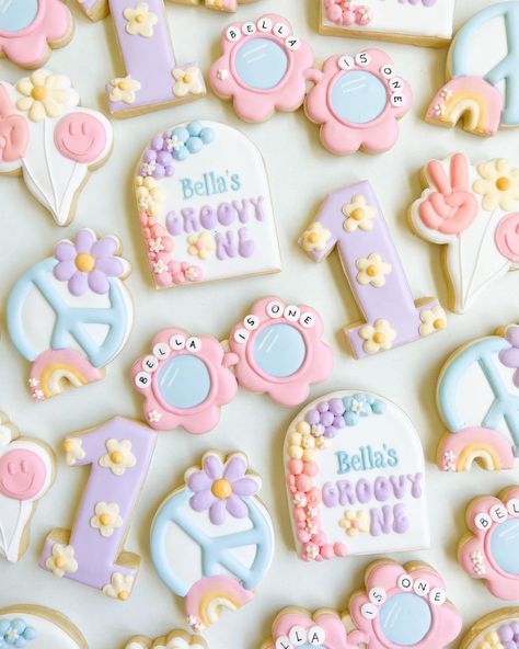 Baby Birthday Cookies, Hippie Birthday Party, Cookie Glaze, Groovy One, Hippie Birthday, Baby Birthday Decorations, Cookies Theme, 1st Birthday Party Themes, 1st Birthday Themes