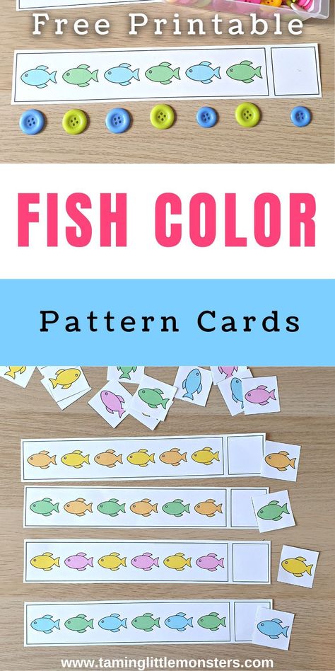 Fish Pattern Cards (Free Printable for Kids). Easy patterning activity for preschool and kindergarten math centers. #math #stem #summer #preschool #kindergarten Ocean Life Math Activities For Preschool, Water Theme Math Activities Preschool, Ocean Animal Stem Activities, Fish Theme Preschool Activities, Fish Kindergarten Activities, Ocean Animals Math Preschool, Water Math Activities Preschool, Ocean Patterns Preschool, Ocean Art Kindergarten