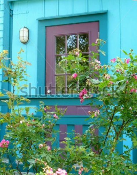 Blue House With Purple Door, Painted Lady House, Blue Shed, Teal House, Cottage Front Doors, Best Exterior Paint, House Paint Color Combination, Exterior Stairs, Exterior Signage