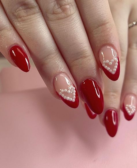 Vday Nails, Red Chrome, Cherry Nails, Basic Nails, Pretty Gel Nails, Pearl Nails, Soft Nails, Heart Nails, Dream Nails