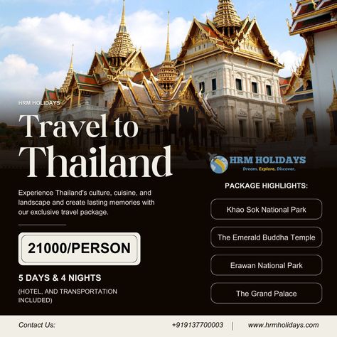 🌴🏯 Travel to Thailand with HRM Holidays! 🛫🌟 Experience Thailand's vibrant culture, delicious cuisine, and breathtaking landscapes with our exclusive travel package. Enjoy 5 days and 4 nights exploring the highlights including Khao Sok National Park, The Emerald Buddha Temple, Erawan National Park, and The Grand Palace. Create lasting memories with us! Price: 21,000 per person Package includes: Hotel, transportation, and guided tours. Contact us: 📞 +91 9137700003 📧 Info@hrmholidays.com 🌐 hr... Erawan National Park, Thailand Package, Thailand Tour, Tropical Landscapes, Thailand Tourism, Khao Sok National Park, Best Beaches To Visit, Thailand Holiday, Family Tour