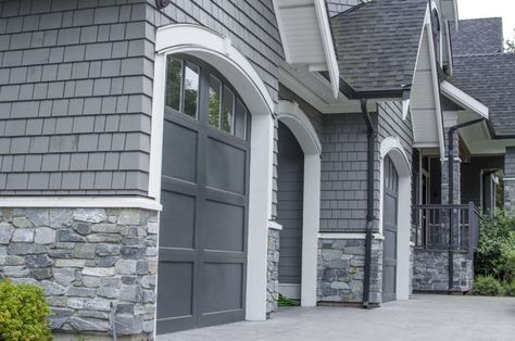 Craftsman Design with Stone Wainscoting Gray House White Windows, Houses With Stone And Siding, Stone Outside Of House, Outside Stone On House, White House Stone Accent Exterior, Stone On House Exterior, House With Stone Accent Exterior, Exterior Stone Ideas, Ledgestone Exterior