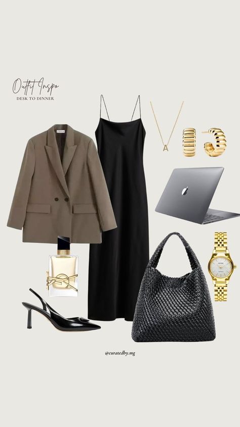 Midi Dress And Blazer Outfit, Satin Dress With Blazer, Dress And Oversized Blazer, Dress With Blazer Outfit, Dress With Blazer, Office Outfit, Satin Midi Dress, Oversized Blazer, Blazer Outfits