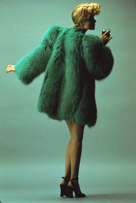 Saint Laurent Aesthetic, Green Fur Coat, Hans Feurer, Yves Saint Laurent Shirt, Yves Saint Laurent Paris, Green Fur, Elsa Schiaparelli, 1970s Fashion, Green Coat