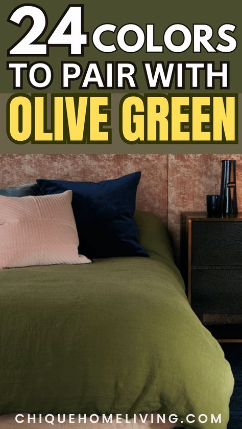 Pairing colors with olive green can create a range of stylish and harmonious color schemes. Here, you will find 25 colors that complement olive green beautifully. Olive Green Color Scheme Bedding, Olive Green Comforter Bedroom Ideas, Pea Green Color Scheme, Olive Green And Mustard Yellow Bedroom, Colors That Go With Moss Green, Olive Green Complimentary Colors, Grey And Olive Green Bedroom, Colors With Olive Green, Olive Green Color Combinations