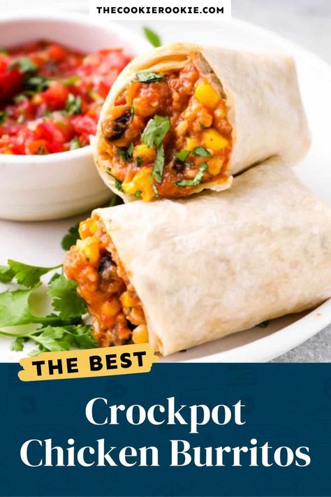 Crockpot Chicken Burritos are easy to make ahead of time with simple ingredients and easy to follow steps! Chicken Burritos Recipe, Mexican Cheese Blend, Best Crockpot Chicken, Burrito Recipe Chicken, Beef Recipe Instant Pot, Crock Pot Inspired Recipes, Guacamole Salsa, The Cookie Rookie, Cookie Rookie