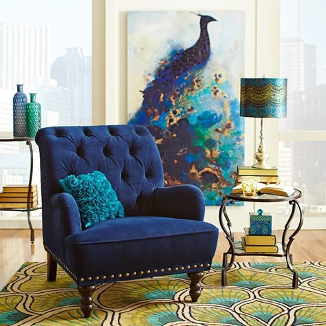 Pier One Peacock decor Peacock Living Room, Peacock Bedroom, Peacock Room, Blue Velvet Armchair, Peacock Decor, Peacock Painting, Colour Inspiration, Style Deco, Blue Chair