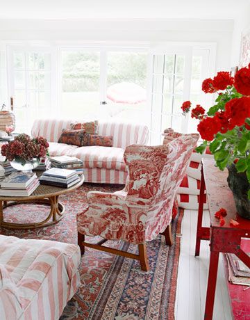 "Pink here is really faded red. It's pink with a past," designer Ellen O'Neill. Color softens over the years, giving the room a mature, wise air. Red Toile, Red Cottage, White Cottage, Red Rooms, Red Decor, Summer Cottage, Room Pictures, Cottage Living, A Living Room